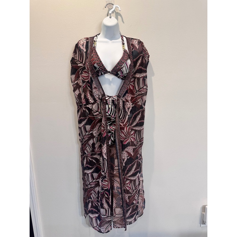 NWT Sofia Vergara 3pc Bikini Set Kaftan Cover Up Tropical Leopard Brown M